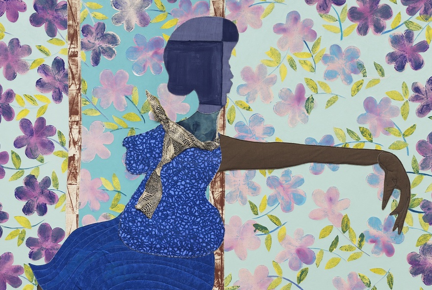 Artwork with a pink and purple floral background, with a figure painted over the top in shades of blue and brown.