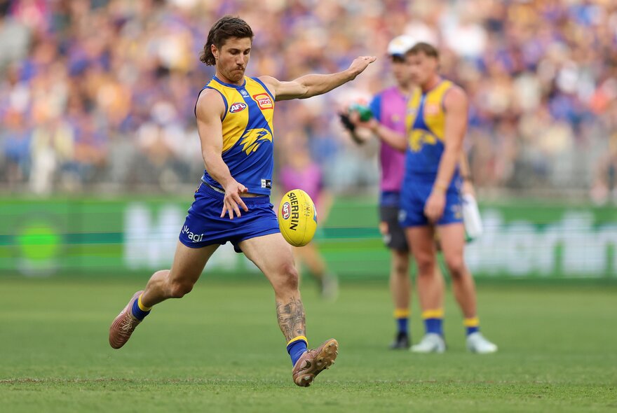 A West Coast Eagles AFL football player about to kick the footy during a match, players and blurred fans in the stands behind him.