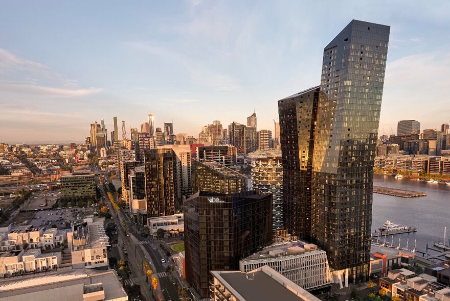 View of the Melbourne skyline from the Vibe Hotel Docklands in Melbourne.