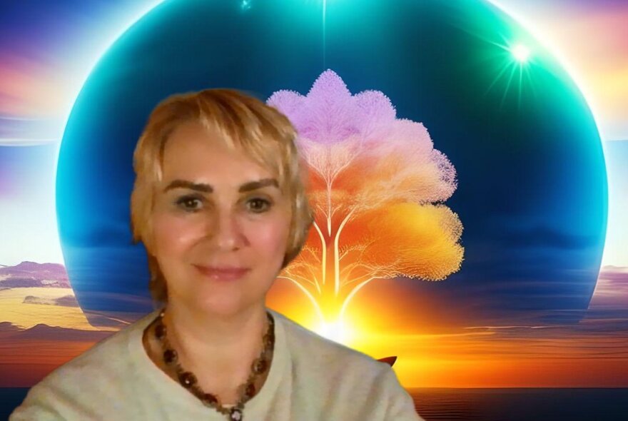 Woman in front of celestial tree and sunrise.
