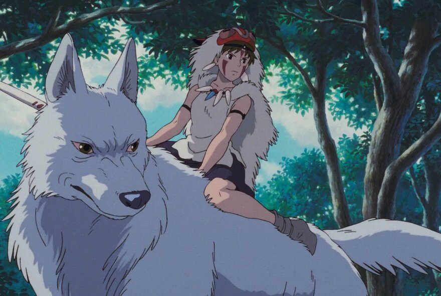 Studio Ghibli still of a boy riding on the back of a giant wolf.
