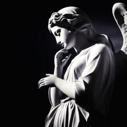 A stone or marble angel statue with large wings, captured in profile with its head bowed in a contemplative pose against a solid black background.