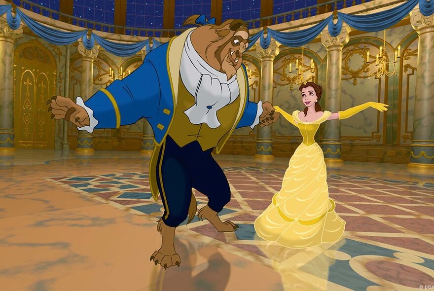 A still image from the Disney film Beauty and the Beast showing the Beast and Belle dancing. 