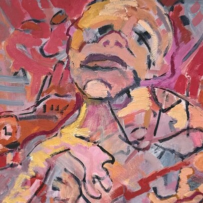 An abstract painting of a person with a blank expression in tones of red and orange. 