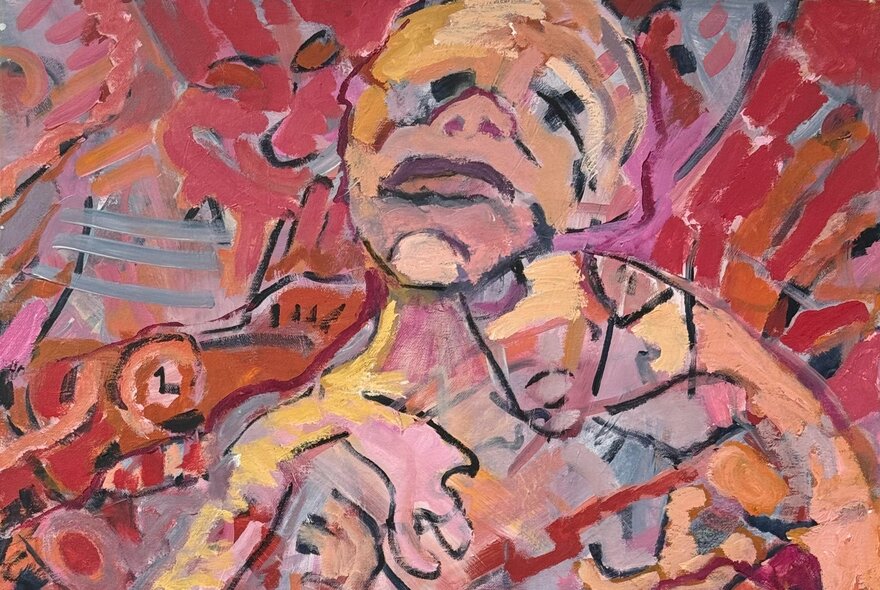 An abstract painting of a person with a blank expression in tones of red and orange. 