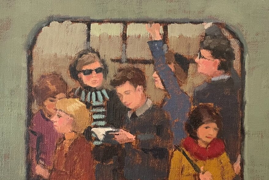 A glimpse of passengers standing in the doorway of a crowded train.