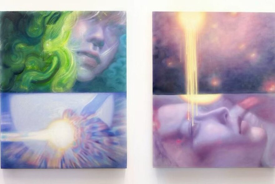 Two diptych paintings on a white wall featuring ethereal human figures bathed in light and cosmic colours.