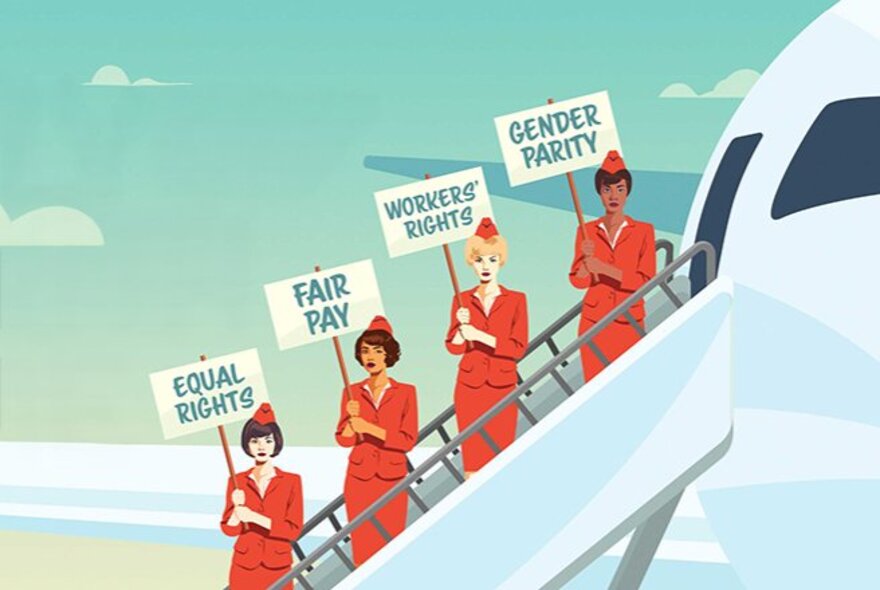 Drawing of four female flight attendants on the stairs leading up to an aeroplane, wearing matching red flight attendant outfits and hats, and all holding  protest banners.