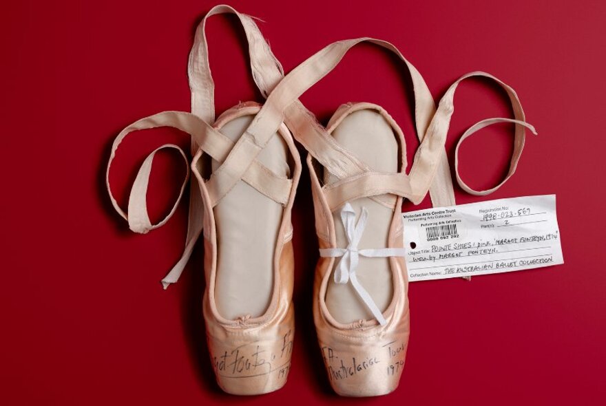 A pair of pink silk pointe ballet slippers on a red background, with label.