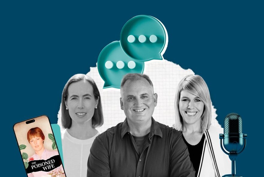 Graphic featuring a blue background with three individuals in black-and-white portrait style, two speech bubble icons above them, a microphone on the right, and a smartphone displaying a podcast cover titled 'The Poisoned Wife' on the left.