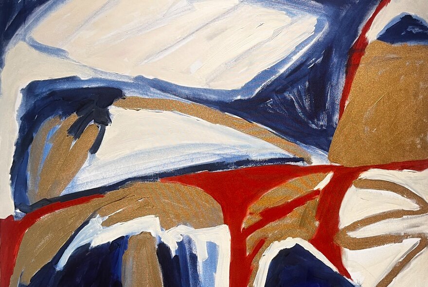 An abstract painting in tones of red, ochre, grey, white and black.