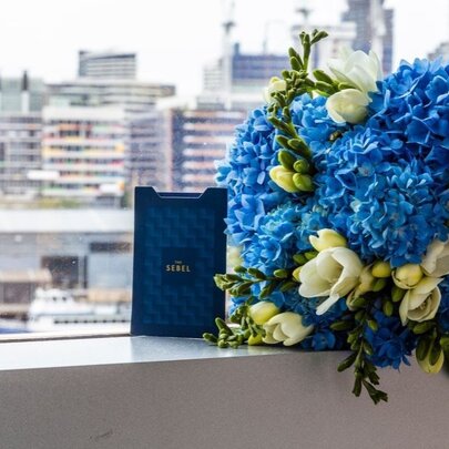 A bouquet of blue flowers.