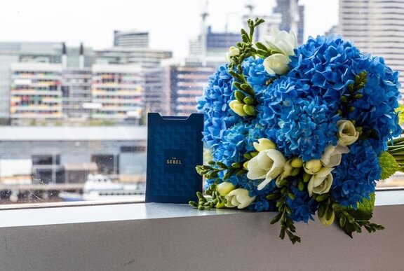 A bouquet of blue flowers.