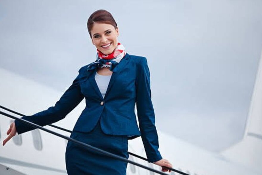 Air hostess standing on a ramp leading into an airplane, wearing blue suit and scarf.
