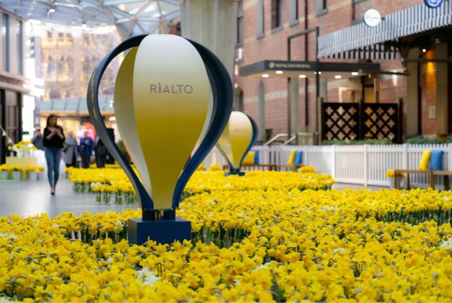 Balloon installation in a sea of daffodils in the Rialto Piazza.