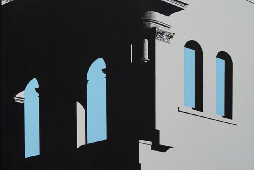 Painting of a building showing as a silhouetted solid grey and black shape against a blue sky.