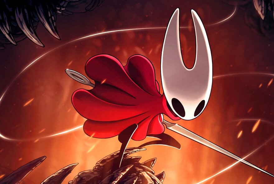 Still from video game Hollow Knight: Silksong of a creature with a white tooth shaped head and a red body, holding a long spear.