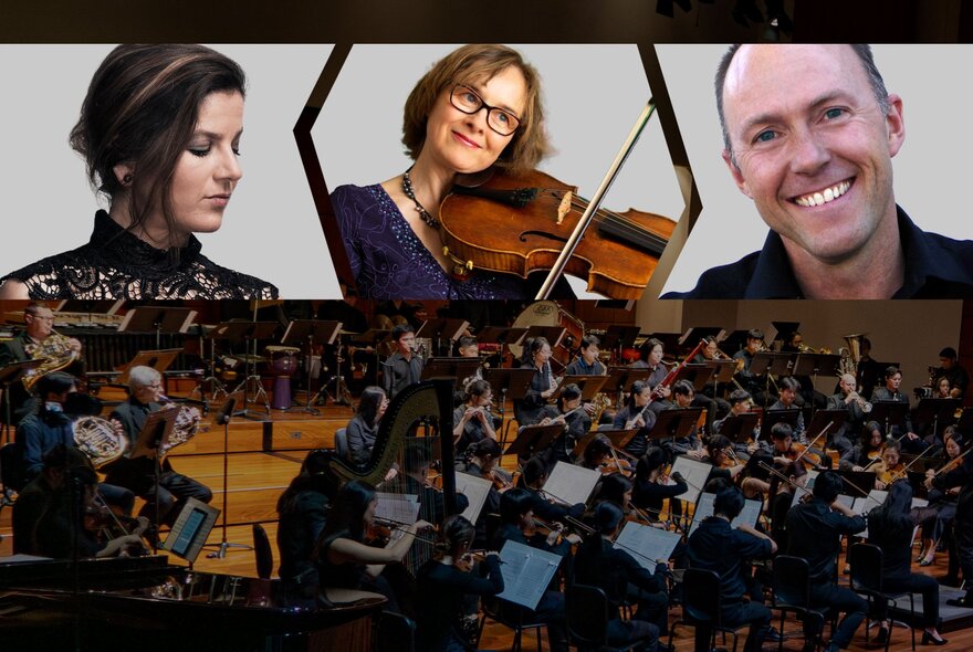 Head shots of three musicians floating above an image of a large classical orchestra playing their instruments on a stage.