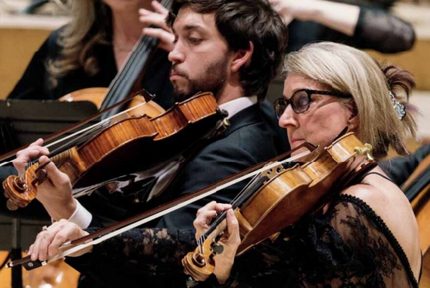 Close-up on two musicians in an orchestra playing violins.