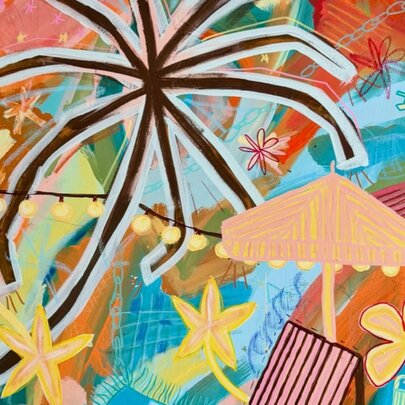 A coloured abstract artwork featuring a beach umbrella and a twiggy palm tree as well as flowers and sun. 
