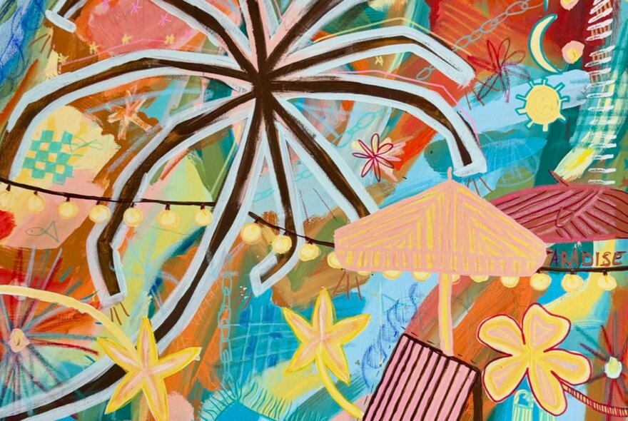 A coloured abstract artwork featuring a beach umbrella and a twiggy palm tree as well as flowers and sun. 