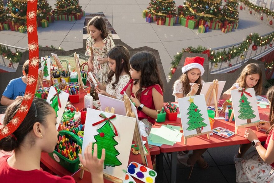 Cut-out images of children participating in festive craft activities at tables, in the background is an open square with festive decorations.