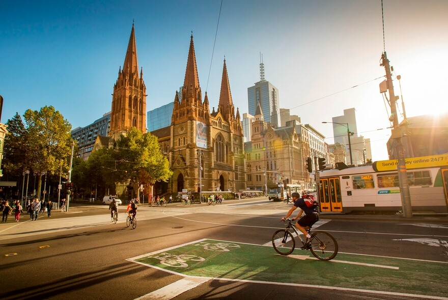 Three spires of St Paul's Cathedral building on Flinders Street.