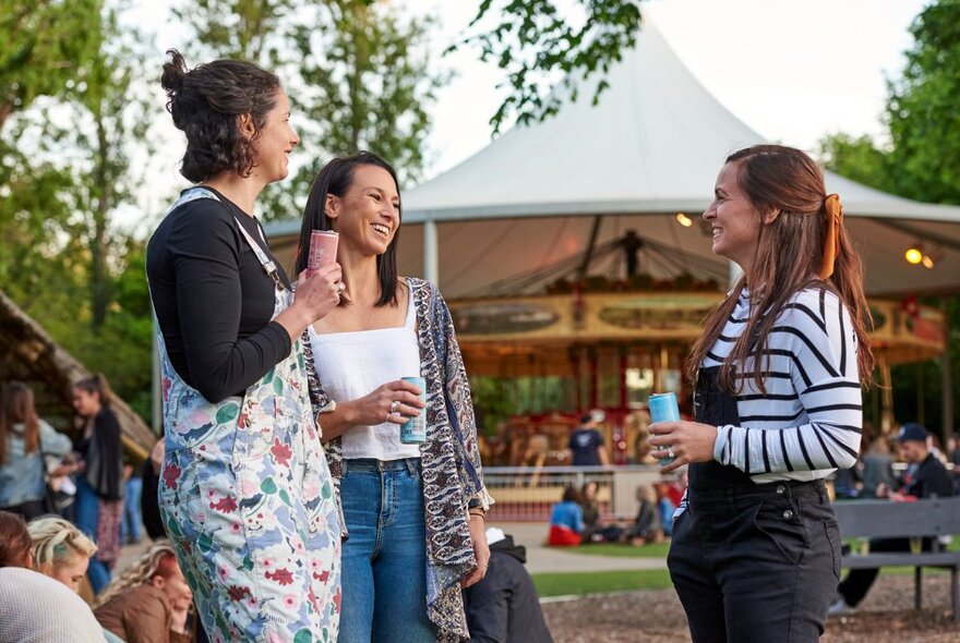 A group of three friends interacting with each other on the Melbourne Zoo lawns, a carousel and other people in the background. 