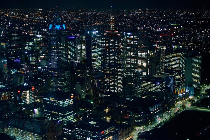 Melbourne's central business district at night, as seen from level 89 of the Eureka Tower.