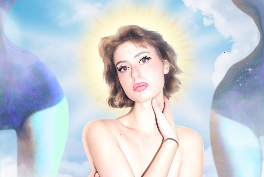 A portrait of a beautiful woman with a celestial sky behind her.