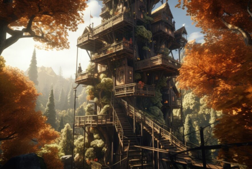 An AI-type image of a large treehouse through a forest. 