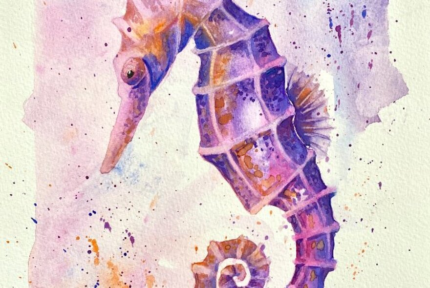 Watercolour painting of a seahorse on paper.