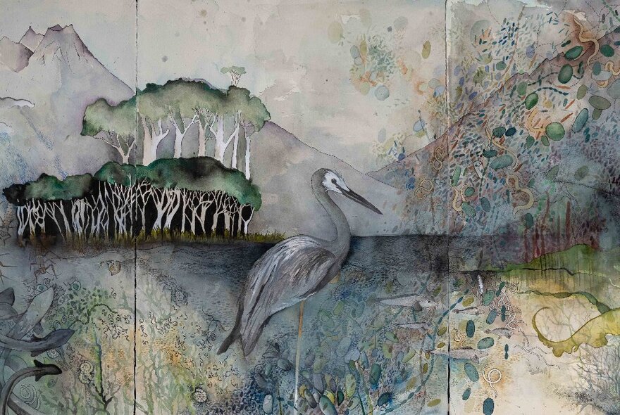 A beautiful blue-green watercolour artwork depicting a jabiru standing in a river with gum trees on the bank and mountains in the background.