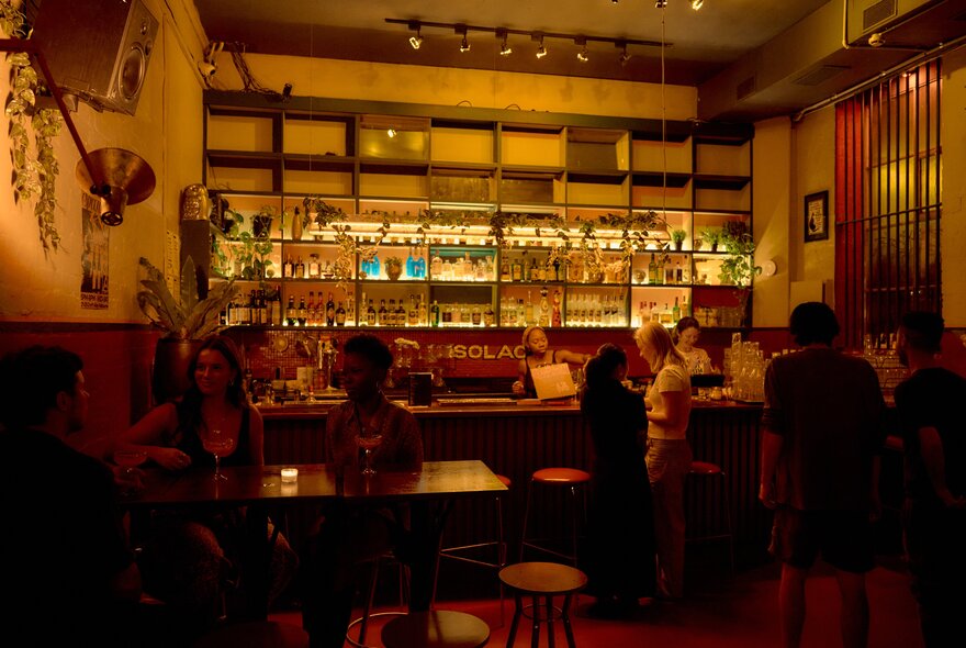 Interior of warmly lit Solace Bar with patrons drinking at tables, the bar counter at the rear with a wall of bottles on shelves and staff mixing drinks.