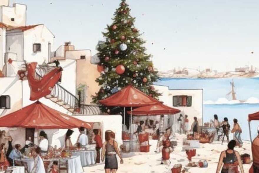 Illustration of a Mediterranean style town by the sea, with Christmas decorations and large red shade umbrellas over outdoor table in front of white buildings.