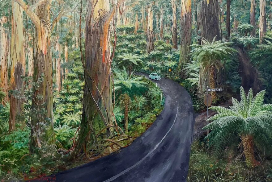 An oil painting of the Australian sub-tropical rainforest with a small blue car driving on a black road curving through the middle.