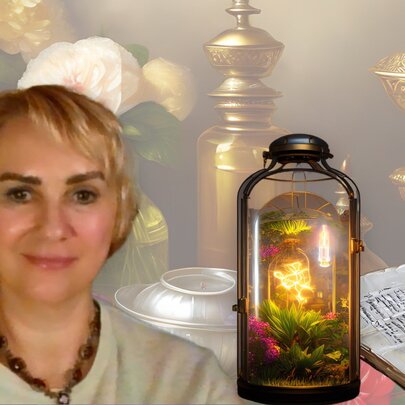 Blonde woman with black eyebrows next to candles and bronze objects.