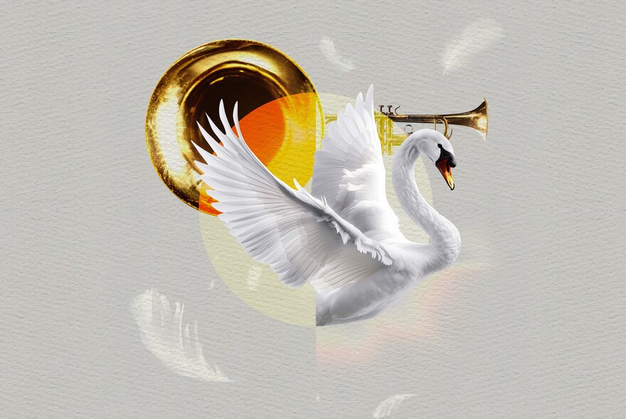 Illustration of a white swan, a trumpet and a yellow sun, all superimposed on top of each other, against a pale background.
