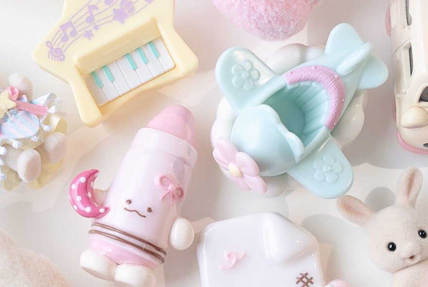 A collection of pastel-coloured cute clay trinkets.