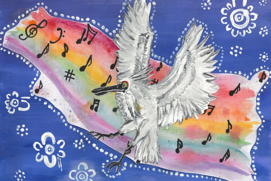 A painting of a white bird flying across of rainbow coloured sheet of musical notes with white flowers on blue. 
