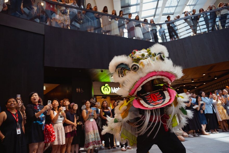Dragon dance performer surrounded by onlookers applauding.