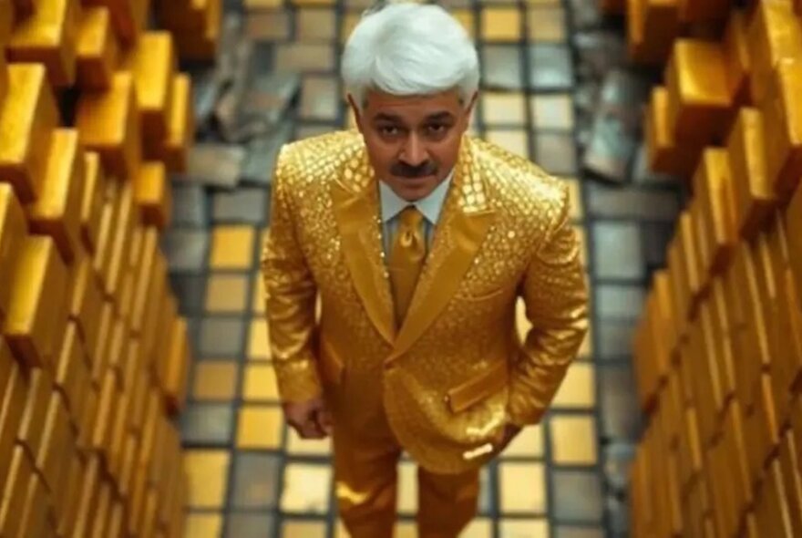 Looking down at a man in a gold suit standing in a room with gold bars piled up all around him.