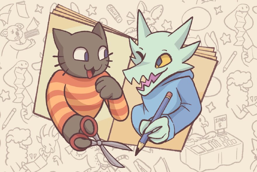 Zine illustration of a cat and wolf holding a pencil and pair of scissors.