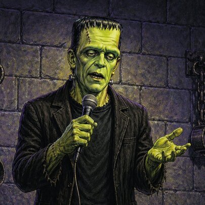 An illustration of Frankenstein's monster standing in a dungeon setting while speaking into a microphone, as if performing stand-up comedy.