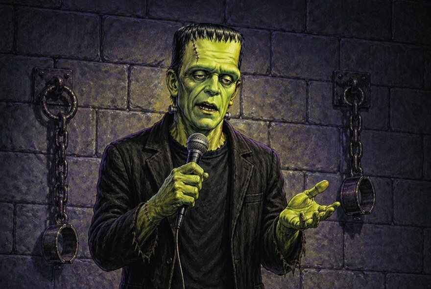 An illustration of Frankenstein's monster standing in a dungeon setting while speaking into a microphone, as if performing stand-up comedy.