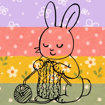 A line drawing of a rabbit knitting, over four floral pices of fabric laid in strips.