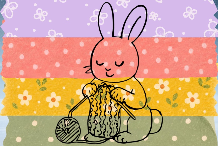 A line drawing of a rabbit knitting, over four floral pices of fabric laid in strips.