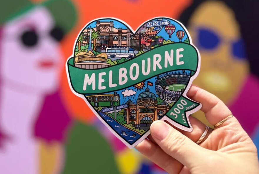 Someone holding up a heart shaped magnet with illustrations of Melbourne buildings and a banner reading Melbourne.