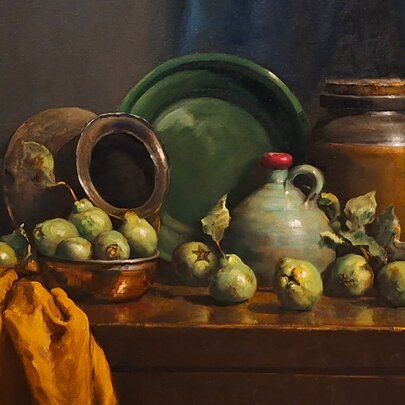 Still life oil painting of ceramic objects, fruit and fabric on a wooden sideboard. 