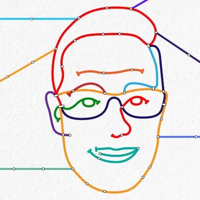 A stylized, multi-coloured illustration of a man's face, wearing glasses, designed to look like a transit or subway map.